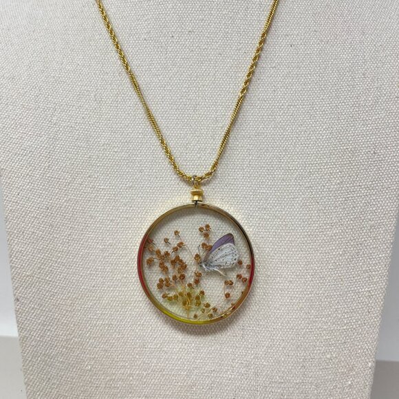 Real Pressed Flower & Moth Necklace Butterfly‎ Vintage Clear Glass Pendant - Picture 1 of 8